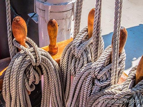 Belaying Pins & LInes_DSCF04610.jpg - Photographed aboard 'Fair Jeanne' at the Tall Ships 1812 Tour in Brockville, Ontario, Canada.